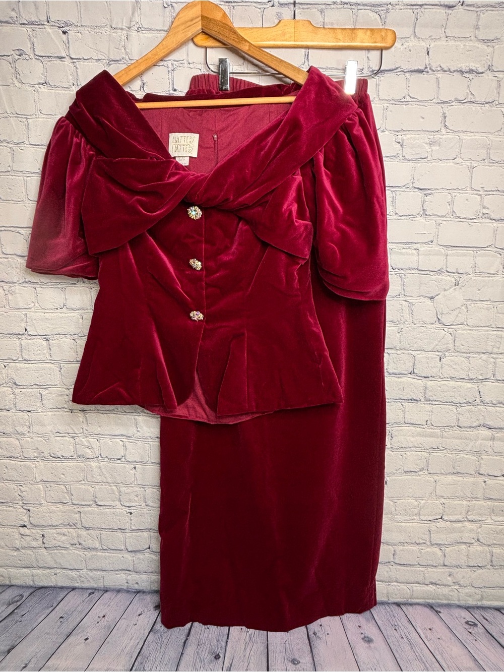 VINTAGE Watters & Watters Berry Velvet Glam 80s 90s Button Top and Maxi Skirt 10